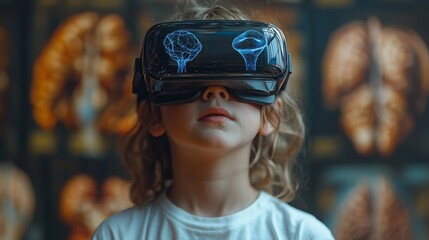Poster - A child explores a virtual world through VR glasses, captivated by glowing bioluminescent graphics in a creative learning environment.