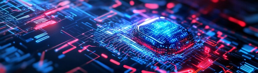 Poster - Futuristic microchip design with glowing circuits, showcasing advanced technology and digital innovation in a captivating visual.