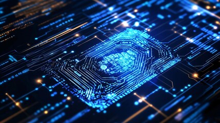 Poster - Futuristic microchip design with glowing circuitry, showcasing advanced technology and innovation in a digital landscape.