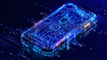 Poster - Futuristic smartphone design with digital circuitry, glowing effects, and abstract patterns, showcasing technology and innovation.