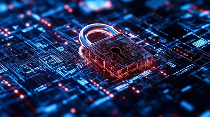 Poster - A digital security lock on an abstract circuit background, representing cybersecurity and data protection in a modern technological environment.