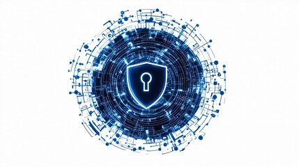 Poster - A digital shield symbol representing cybersecurity, with intricate technology patterns surrounding it in vibrant blue tones.