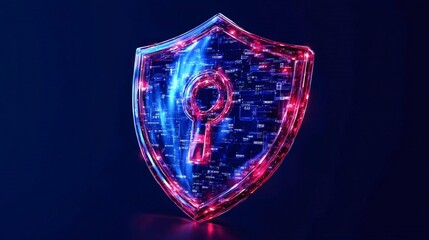 Poster - A digital shield symbolizing security and protection, featuring a key design with vibrant neon colors, ideal for tech themes.