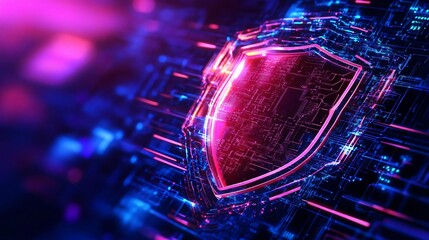 Poster - A digital shield symbol representing cybersecurity, set against a vibrant and abstract technological background.
