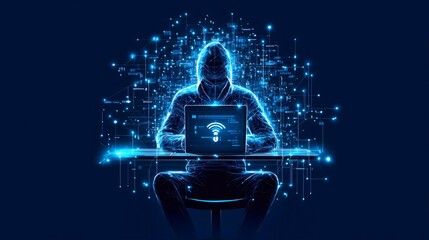 Poster - A digital silhouette of a hacker at a computer, surrounded by glowing data and symbols, representing cyber technology and security.