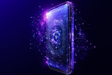 Poster - A futuristic smartphone surrounded by vibrant digital particles and lights, representing advanced technology and connectivity.