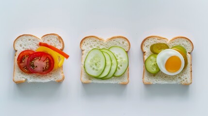 Canvas Print - Three minimalist open sandwiches feature a vibrant array of fresh ingredients on white bread, each with unique toppings arranged neatly in a row.