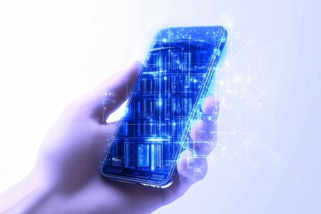 Poster - A futuristic smartphone held in a hand, showcasing a digital interface with glowing battery icons and technology elements.