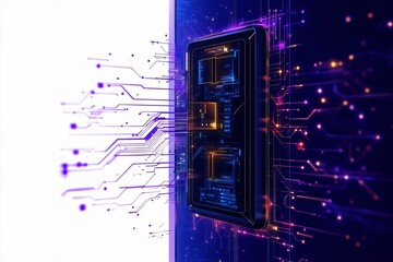 Poster - A futuristic switch device surrounded by glowing circuit patterns, symbolizing advanced technology and connectivity.