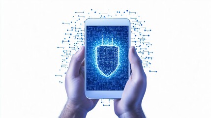 Poster - A smartphone displaying a digital shield symbol, representing cybersecurity and data protection in a modern, tech-savvy world.
