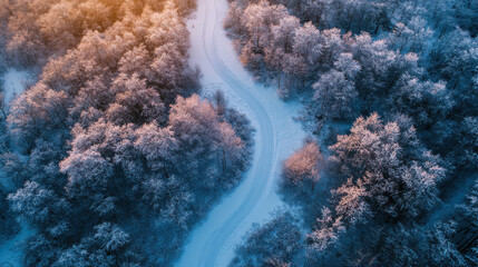 Aerial view of a snowy landscape with meandering paths, frosty trees, and the first light of dawn breaking over the horizon.