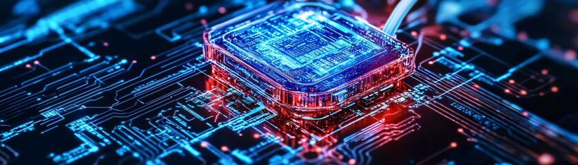 Poster - Close-up view of futuristic computer chip on circuit board, showcasing advanced technology with vibrant blue and red lights.