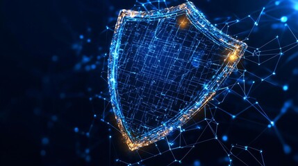 Poster - Digital shield representing cybersecurity and data protection in a networked environment with glowing elements.