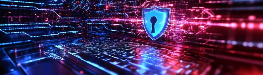 Poster - Futuristic cybersecurity backdrop featuring a digital shield symbol with glowing circuits and vibrant colors. Perfect for tech-themed visuals.
