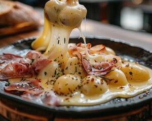 Melting raclette cheese on potatoes and charcuterie plate