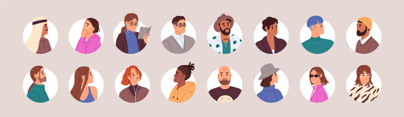 Canvas Print - Avatars of diverse people with round form of frame set. Different men and women portraits in circle shape. Various male and female faces, heads for user profile. Flat isolated vector illustrations