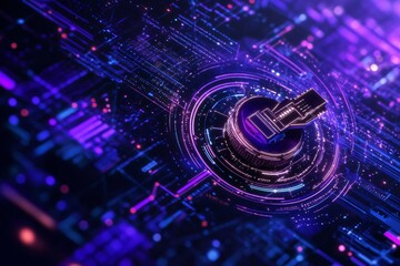 Poster - Futuristic digital landscape with vibrant purple and blue circuits, showcasing a technological design and abstract elements.