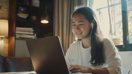 Sticker - Focused woman wearing headphones, smiling while engaged in work on her laptop in a cozy, homey room.