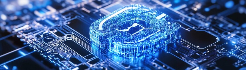 Poster - Futuristic digital security concept showcasing a glowing lock on a circuit board, symbolizing data protection and cybersecurity.