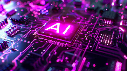 Poster - Processor or microchip with AI text on circuit board. Artificial intelligence background illustration. Core of artificial intelligence machine with neon light of energy. computer technology, data