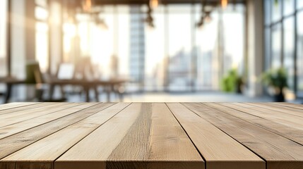 Wall Mural - Empty wooden table top in front of a blurred background, ideal for business presentation. Generative ai