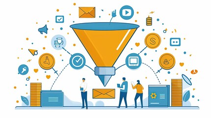 Content marketing funnel, guiding customers with valuable content, flat design illustration