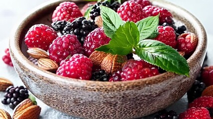 Wall Mural - A bowl of raspberries and almonds