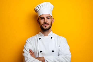 Wall Mural - Portrait of Young handsome chef in white outfit with crossed arms looking at camera