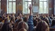 © VK Studio - A classroom filled with students raising their hands, eager and attentive in a bright, sunlit room.