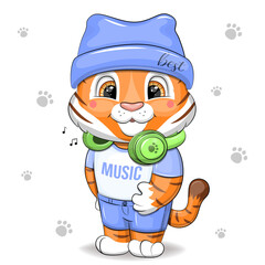 Cute cartoon tiger wearing a blue hat and green headphones. Vector illustration of an animal on a white background with paws.