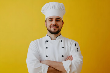 Wall Mural - Portrait of Young handsome chef in white outfit with crossed arms looking at camera