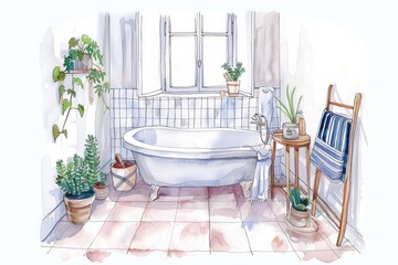 Wall Mural - A watercolor illustration of a bathroom with a freestanding bathtub, plants, and a towel rack. Children's Book Illustration