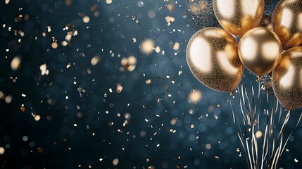 Wall Mural - Festive background with gold balloons and scattered golden confetti. background for a festive birthday celebration. Generative ai