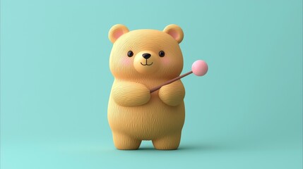 Wall Mural - Cute Cartoon Bear Holding a Stick with a Pink Ball