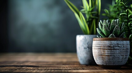 Wall Mural - Potted houseplants on wooden table with dark green background