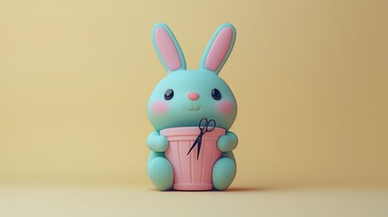 Poster - Cute Cartoon Bunny Holding a Pink Pot with Scissors