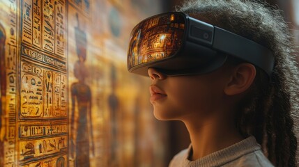 Poster - A child is immersed in a virtual reality experience, exploring holographic representations of ancient artifacts.