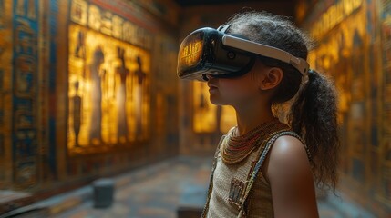 Poster - A child wearing virtual reality glasses explores captivating holograms within a beautifully decorated museum environment.