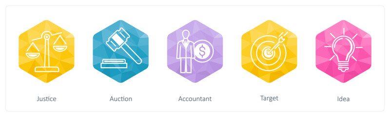 A set of 5 Business icons as justice, auction, accountant