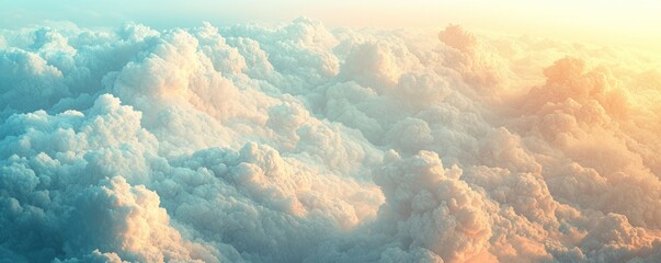 A serene view of soft clouds illuminated by warm sunlight, creating a peaceful and ethereal atmosphere in the sky.