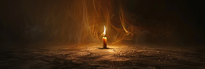 Poster - Enchanting image of a solitary candle radiating a cozy and intimate light. The flickering flame gracefully dances, producing a gentle golden glow that brightens the area, with textures prominently