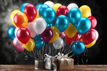 Wall Mural - Colorful Balloons and Gift Boxes on a Wooden Table