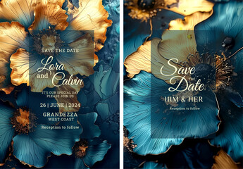 Elegant blue and gold artistic wedding invitation template design, Luxury greeting design, save the date design, colorful texture, Hand drawn texture design for invitation