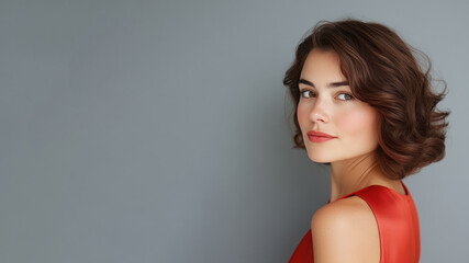 Poster - French woman wearing red silk dress isolated on gray background