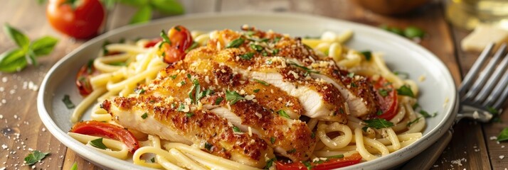 Wall Mural - Parmesan-Crusted Chicken Served with Pasta and Accompaniments