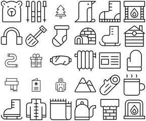 Mega Set Of Vector Winter 2 Thin Icons Web Header Banner Design Containing Fireplace,Winter,Xmas,Fabric,Christmas Simple Black Style Symbol Sign For Apps And Website, Vector Illustration