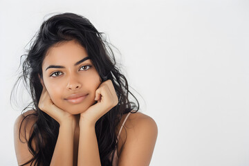 Wall Mural - Close up Beautiful Indian woman portrait isolated on white. Skin care beauty treatments concept