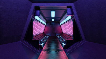 Poster - Futuristic space station or spaceship interior tunnel. Cyberpunk science fiction concept 3D rendered illustration..