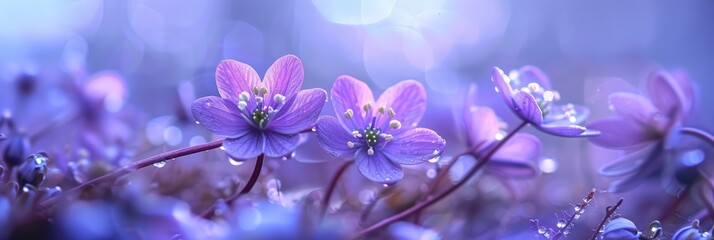 Poster - Macro photography of Hepatica nobilis blooms in blue spring with a soft background and bokeh effect.