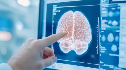 Poster - Hand gesturing towards a digital brain display on a monitor, illustrating the intersection of technology and neuroscience, highlighting cognitive exploration and innovation.